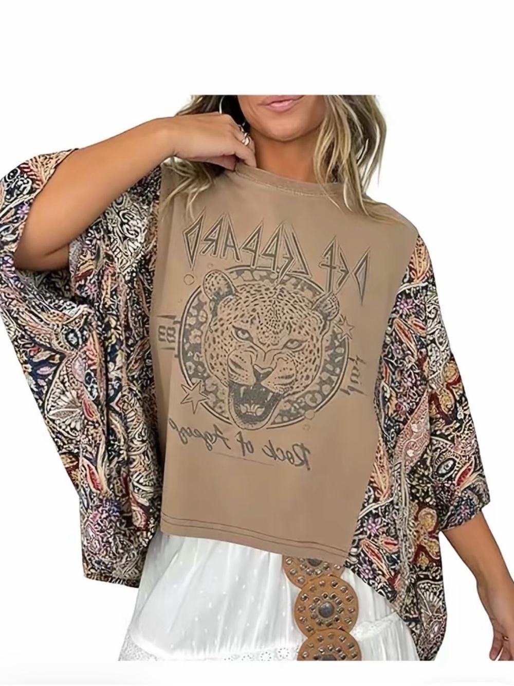 Graphic Tee with Paisley Sleeves